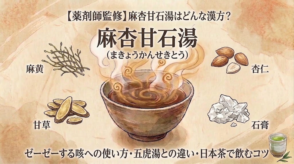 和紙のような温かみのある背景に、水彩画風の優しいタッチで描かれた、漢方薬「麻杏甘石湯(まきょうかんせきとう)」の解説インフォグラフィックです。 上部には「【薬剤師監修】麻杏甘石湯はどんな漢方?」という見出しがあり、その下に大きく「麻杏甘石湯(まきょうかんせきとう)」と書かれています。 中央には、様式化された渦巻き状の湯気が立ち上る、濃い茶色の漢方薬が入った和風の茶碗が描かれています。茶碗の周りには、この漢方薬を構成する4つの生薬のイラストが、それぞれの名称とともに配置されています。 左上:乾燥した細い枝状の植物「麻黄(まおう)」 右上:殻付きと殻無しの扁平な種子「杏仁(きょうにん)」 左下:薄くスライスされた根「甘草(かんぞう)」 右下:白く結晶状の塊「石膏(せっこう)」 下部には、「ゼーゼーする咳への使い方・五虎湯との違い・日本茶で飲むコツ」というテーマが並んでいます。その右下隅には、緑茶が入った小さな湯呑みと、隣に2枚の茶葉が描かれています。