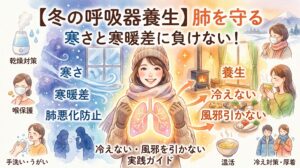 冬の呼吸器養生をテーマにした、水彩画風のインフォグラフィック。中央には笑顔で両拳を握る女性が描かれ、彼女の胸には健康そうな肺が光っている。上部には「【冬の呼吸器養生】肺を守る」「寒さと寒暖差に負けない!」という見出しがあり、下部には「冷えない・風邪を引かない 実践ガイド」とある。左側の青い領域には「寒さ」「寒暖差」に対する「肺悪化防止」のテーマが示され、加湿器(乾燥対策)、マスク(喉保護)、手洗い・うがい、咳き込む人のアイコンが並ぶ。右側のオレンジ色の領域には「養生」「冷えない」「風邪引かない」のテーマが示され、暖炉、温かい鍋料理、温かい飲み物、マフラーを巻いた女性、温活スープ、厚着のカップルのアイコンが並ぶ。寒さや乾燥から呼吸器を守るための実践ガイド。