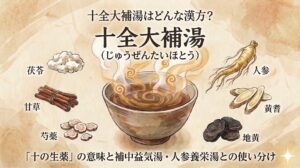水彩画風のタッチで描かれた「十全大補湯」の解説用サムネイル画像。古い紙のような背景の中央に、湯気が立つ漢方薬が入った器が描かれている。上部には「【薬剤師監修】十全大補湯はどんな漢方?」、下部には「『十の生薬』の意味と補中益気湯・人参養栄湯との使い分け」というテキストが配置され、周囲には複数の生薬のイラストが添えられている。