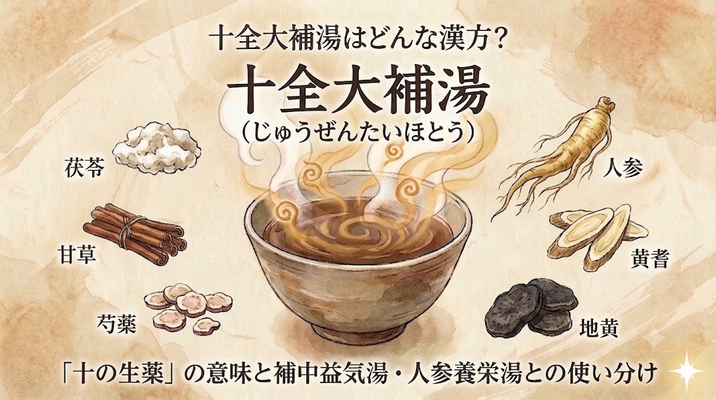 水彩画風のタッチで描かれた「十全大補湯」の解説用サムネイル画像。古い紙のような背景の中央に、湯気が立つ漢方薬が入った器が描かれている。上部には「【薬剤師監修】十全大補湯はどんな漢方?」、下部には「『十の生薬』の意味と補中益気湯・人参養栄湯との使い分け」というテキストが配置され、周囲には複数の生薬のイラストが添えられている。