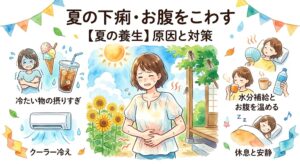 「夏の下痢とお腹の不調についての日本語のインフォグラフィック。水彩画スタイル。中央に夏の暑さの中で腹痛に耐えている女性。上部に『夏の下痢・お腹をこわす』『【夏の養生】原因と対策』というタイトル。原因として『冷たい物の摂りすぎ』（アイスや冷たい飲み物で寒がる女性）と『クーラー冷え』（エアコンで寒がる女性）が、対策として『水分補給とお腹を温める』（温かい飲み物を飲み、ペットボトルの水を持つ女性）と『休息と安静』（眠る女性）が描かれている。」