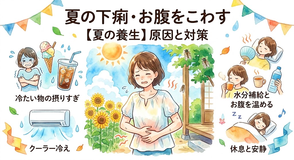 「夏の下痢とお腹の不調についての日本語のインフォグラフィック。水彩画スタイル。中央に夏の暑さの中で腹痛に耐えている女性。上部に『夏の下痢・お腹をこわす』『【夏の養生】原因と対策』というタイトル。原因として『冷たい物の摂りすぎ』(アイスや冷たい飲み物で寒がる女性)と『クーラー冷え』(エアコンで寒がる女性)が、対策として『水分補給とお腹を温める』(温かい飲み物を飲み、ペットボトルの水を持つ女性)と『休息と安静』(眠る女性)が描かれている。」