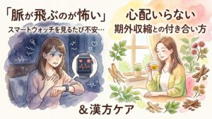 左側には暗めの背景の中、スマートウォッチの心拍数アラートを見て不安そうな表情をする女性。右側には明るい窓辺で、多様な生薬に囲まれながら温かいハーブティーを飲んで穏やかに微笑む女性が描かれています。画像内のテキストには「『脈が飛ぶのが怖い』スマートウォッチを見るたび不安…」「心配いらない 期外収縮との付き合い方 &漢方ケア」と書かれています。