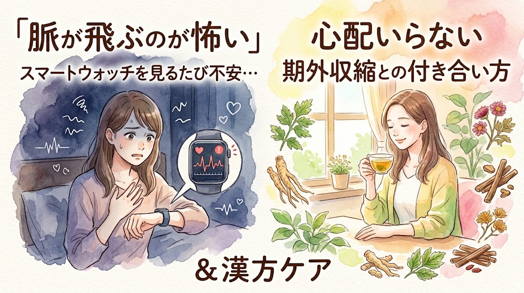 左側には暗めの背景の中、スマートウォッチの心拍数アラートを見て不安そうな表情をする女性。右側には明るい窓辺で、多様な生薬に囲まれながら温かいハーブティーを飲んで穏やかに微笑む女性が描かれています。画像内のテキストには「『脈が飛ぶのが怖い』スマートウォッチを見るたび不安…」「心配いらない 期外収縮との付き合い方 &漢方ケア」と書かれています。