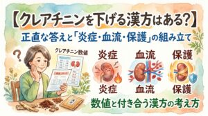 水彩画タッチのサムネイル画像。左側には「健康リポート」としてクレアチニン数値が記載された用紙を見ながら、少し考え込んでいるような表情の女性が描かれています。右側には腎臓のイラストを用いて3つのアプローチが描かれています。それぞれ、火に包まれた腎臓(「炎症」)、血管が強調された腎臓(「血流」)、盾で守られた腎臓(「保護」)と表記されています。画像内のテキストには「【クレアチニンを下げる漢方はある?】」「正直な答えと『炎症・血流・保護』の組み立て」「数値と付き合う漢方の考え方」と書かれています。