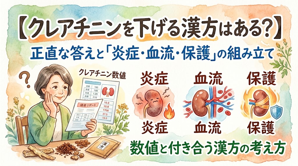 水彩画タッチのサムネイル画像。左側には「健康リポート」としてクレアチニン数値が記載された用紙を見ながら、少し考え込んでいるような表情の女性が描かれています。右側には腎臓のイラストを用いて3つのアプローチが描かれています。それぞれ、火に包まれた腎臓(「炎症」)、血管が強調された腎臓(「血流」)、盾で守られた腎臓(「保護」)と表記されています。画像内のテキストには「【クレアチニンを下げる漢方はある?】」「正直な答えと『炎症・血流・保護』の組み立て」「数値と付き合う漢方の考え方」と書かれています。