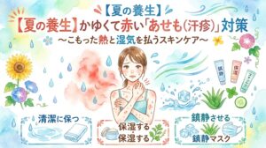 水彩画風のサムネイル画像。中央にはあせも（汗疹）による肌の赤みやかゆみに悩む女性が描かれています。上部には「【夏の養生】かゆくて赤い『あせも（汗疹）』対策〜こもった熱と湿気を払うスキンケア〜」というタイトルが配置され、下部には対策として「清潔に保つ」「保湿する」「鎮静させる」の3つのステップがイラスト付きで紹介されています。