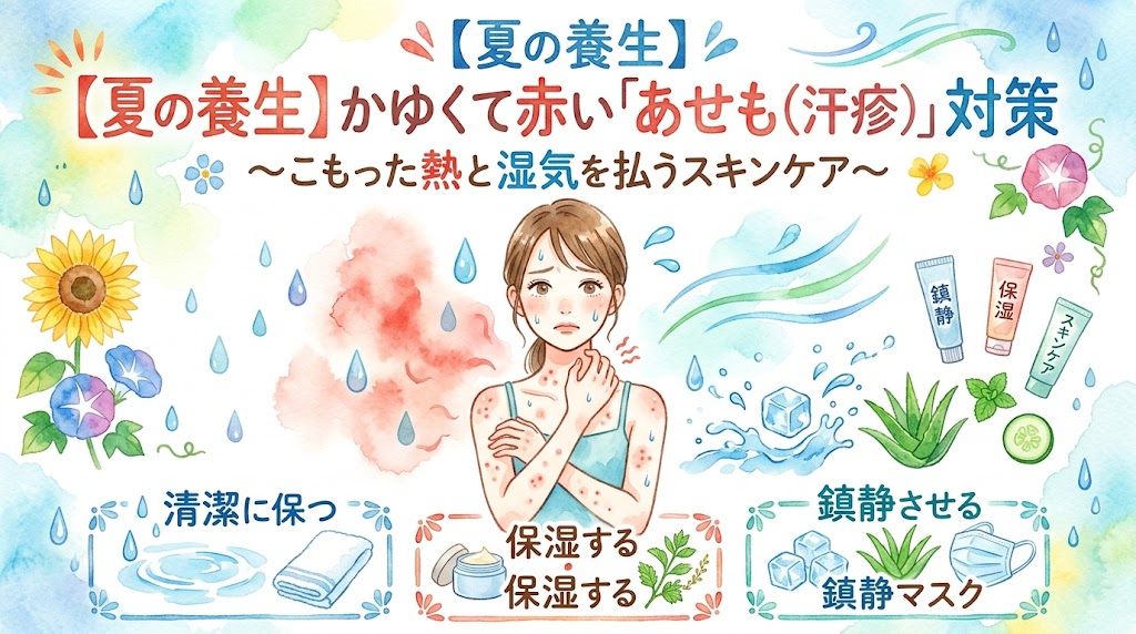 水彩画風のサムネイル画像。中央にはあせも（汗疹）による肌の赤みやかゆみに悩む女性が描かれています。上部には「【夏の養生】かゆくて赤い『あせも（汗疹）』対策〜こもった熱と湿気を払うスキンケア〜」というタイトルが配置され、下部には対策として「清潔に保つ」「保湿する」「鎮静させる」の3つのステップがイラスト付きで紹介されています。