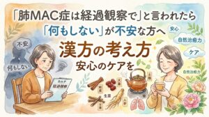 「肺MAC症は経過観察で」と言われた、「何もしない」が不安な方へ。漢方の考え方で安心のケアを。水彩画風のイラストで、不安な表情で「経過観察」のカルテを持つ女性から、桂皮、大棗、甘草、人参などの生薬と土瓶を経て、穏やかな表情で湯呑みを持つ女性へと変化する様子が描かれています。背景には「不安」「自然治癒力」「ケア」などのキーワードが浮かんでいます。