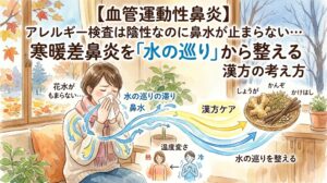 「【血管運動性鼻炎】アレルギー検査は陰性なのに鼻水が止まらない…寒暖差鼻炎を『水の巡り』から整える漢方の考え方」と書かれた水彩画風のサムネイル画像。