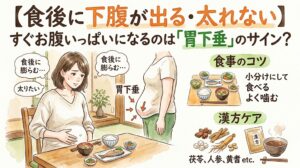 水彩画タッチのサムネイル画像。タイトルは「【食後に下腹が出る・太れない】すぐお腹いっぱいになるのは「胃下垂」のサイン？」。左側に食後に下腹が膨らんで悩む女性と、下がった胃の図解。右側に小分けにしてよく噛むための食事のイラストと、茯苓や人参などの生薬を用いた漢方ケアが描かれている。