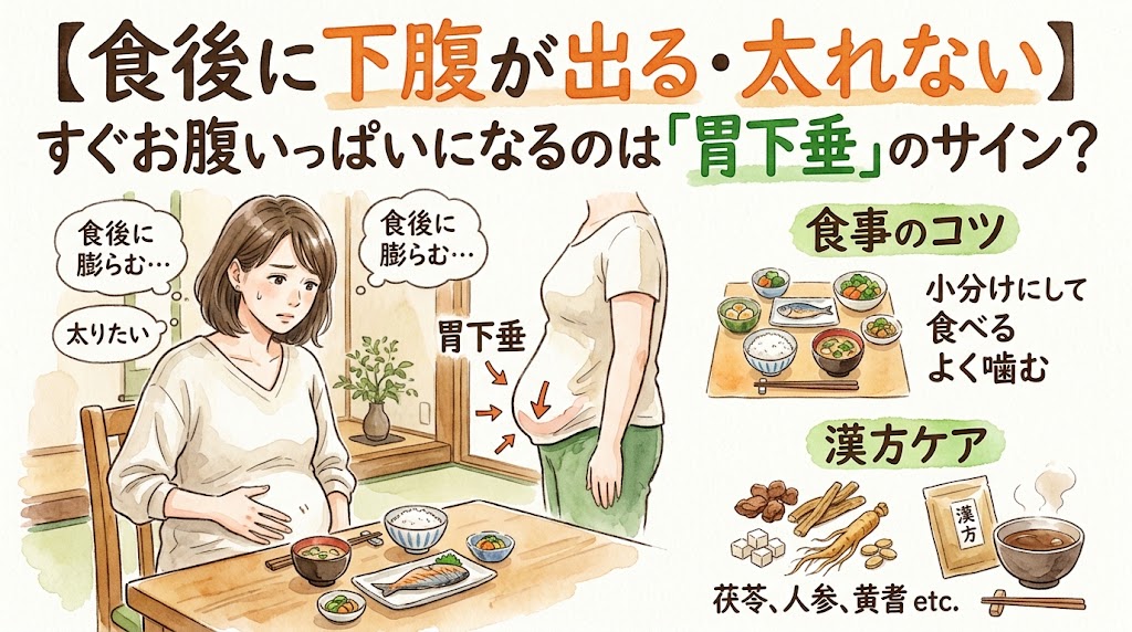 水彩画タッチのサムネイル画像。タイトルは「【食後に下腹が出る・太れない】すぐお腹いっぱいになるのは「胃下垂」のサイン？」。左側に食後に下腹が膨らんで悩む女性と、下がった胃の図解。右側に小分けにしてよく噛むための食事のイラストと、茯苓や人参などの生薬を用いた漢方ケアが描かれている。
