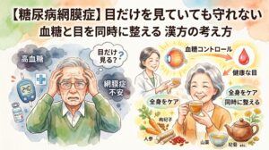 水彩画風のインフォグラフィック。上部に「【糖尿病網膜症】目だけを見ていても守れない 血糖と目を同時に整える漢方の考え方」のテキスト。左側は「高血糖」「網膜症不安」に頭を抱える男性と、高い数値を示す血糖値測定器やインスリンのイラスト。右側は「全身をケア」「同時に整える」として、笑顔で漢方茶を飲む女性と、眼球や血液のアイコン、枸杞子や人参、山薬などの生薬が描かれている。目の局所的な不安から、全身の血糖コントロールと漢方ケアへの移行を左右の対比で表現している。