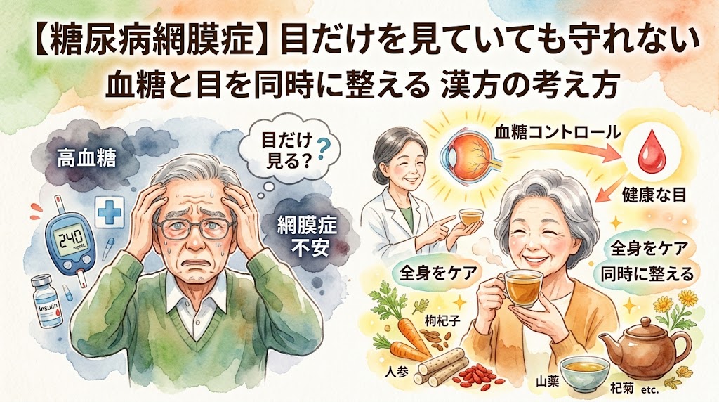 水彩画風のインフォグラフィック。上部に「【糖尿病網膜症】目だけを見ていても守れない 血糖と目を同時に整える漢方の考え方」のテキスト。左側は「高血糖」「網膜症不安」に頭を抱える男性と、高い数値を示す血糖値測定器やインスリンのイラスト。右側は「全身をケア」「同時に整える」として、笑顔で漢方茶を飲む女性と、眼球や血液のアイコン、枸杞子や人参、山薬などの生薬が描かれている。目の局所的な不安から、全身の血糖コントロールと漢方ケアへの移行を左右の対比で表現している。