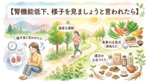 水彩画タッチのサムネイル画像。左下には、泣いている腎臓のイラストが描かれた検査結果を見つめ、座り込んで落ち込んでいる女性が描かれています。そこから画面右側に向かって、自然の中をジョギングする女性のイラスト(「適度な運動」)、野菜や魚などの健康的な食事のイラスト(「食事の注意点(減塩など)」)、漢方薬や多様な生薬・お茶のイラスト(「漢方の土台づくり」)が明るいトーンで描かれています。画面上部のテキストには「【腎機能低下、様子を見ましょうと言われたら】」と書かれています。