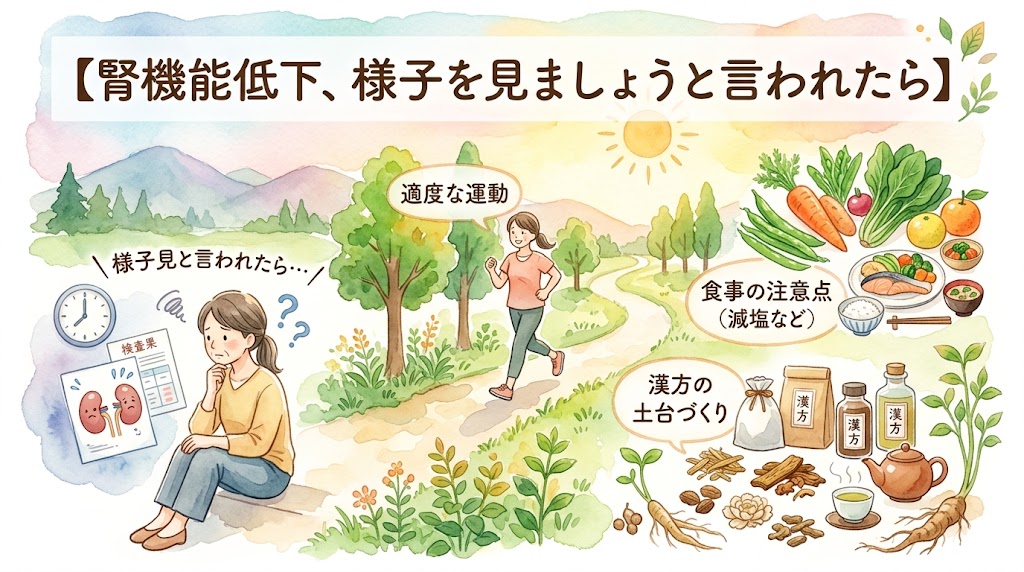 水彩画タッチのサムネイル画像。左下には、泣いている腎臓のイラストが描かれた検査結果を見つめ、座り込んで落ち込んでいる女性が描かれています。そこから画面右側に向かって、自然の中をジョギングする女性のイラスト(「適度な運動」)、野菜や魚などの健康的な食事のイラスト(「食事の注意点(減塩など)」)、漢方薬や多様な生薬・お茶のイラスト(「漢方の土台づくり」)が明るいトーンで描かれています。画面上部のテキストには「【腎機能低下、様子を見ましょうと言われたら】」と書かれています。