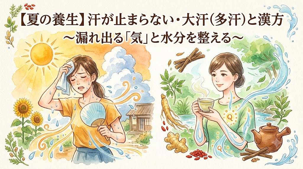 水彩画スタイルのインフォグラフィック。左側には夏の暑さの中で汗だくになりながらうちわとハンカチを使う苦しげな女性が描かれ、体から「気」と水分が漏れ出ている。右側には涼しげな自然の中で、穏やかな表情で漢方茶を飲む女性が描かれ、周囲には生薬（人参、ショウガ、クコなど）があり、体内の「気」と水分が整っている。上部に「【夏の養生】汗が止まらない・大汗（多汗）と漢方 〜漏れ出る「気」と水分を整える〜」のテキスト。