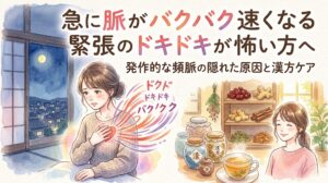 左側には夜の部屋で胸に手を当て、「ドクドク」「バクバク」という動悸に不安そうな表情を浮かべる女性。右側には生薬が並ぶ明るい部屋で、温かいお茶を飲みリラックスして微笑む女性が対比して描かれています。画像内のテキストには「急に脈がバクバク速くなる」「緊張のドキドキが怖い方へ」「発作的な頻脈の隠れた原因と漢方ケア」と書かれています。