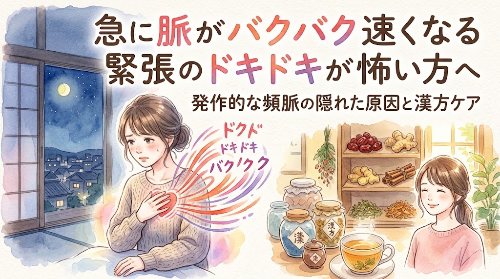 左側には夜の部屋で胸に手を当て、「ドクドク」「バクバク」という動悸に不安そうな表情を浮かべる女性。右側には生薬が並ぶ明るい部屋で、温かいお茶を飲みリラックスして微笑む女性が対比して描かれています。画像内のテキストには「急に脈がバクバク速くなる」「緊張のドキドキが怖い方へ」「発作的な頻脈の隠れた原因と漢方ケア」と書かれています。