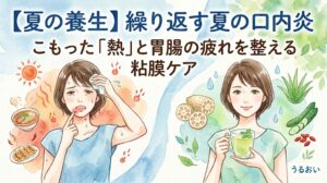 「夏の生理不順・PMS悪化」をテーマに、左右で不調の状態と改善の状態を対比させている。 上部タイトル: 「夏の生理不順・PMS悪化」 サブタイトル: 「夏の疲れ」と「冷え」が巡りを滞らせる？ 左側（不調）: 「冷え」と書かれたエアコン、雪の結晶、リモコンの下で、汗をかき辛そうにお腹を押さえる女性。お腹の周りには「滞り」と書かれた赤黒い矢印が回っている。電池残量少、割れた月、太陽、向日葵のアイコンが描かれている。 右側（改善）: 下部タイトル「リズムを整える養生法」の上に、ハーブ茶を飲み、穏やかな表情の女性。女性の周りには「巡り」と「リズム」と書かれた明るい赤の矢印が回っている。電池残量満タン、満月、蓮の花、明るい青空、ヨモギやクコの実などの様々な薬草が描かれている。
