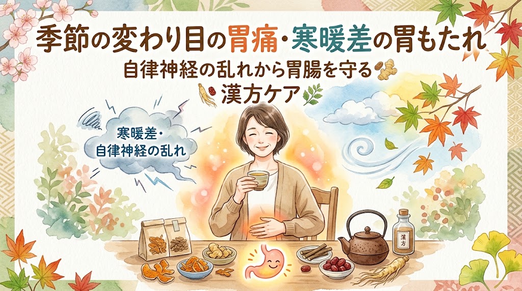 水彩画タッチのサムネイル画像。タイトルは「季節の変わり目の胃痛・寒暖差の胃もたれ 自律神経の乱れから胃腸を守る漢方ケア」。中央で温かいお茶を飲み、胃のあたりが温かく光っている笑顔の女性。左側に寒暖差を示す雲、下部に様々な生薬が描かれている。
