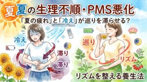 「夏の生理不順・PMS悪化」をテーマに、左右で不調の状態と改善の状態を対比させている。 上部タイトル: 「夏の生理不順・PMS悪化」 サブタイトル: 「夏の疲れ」と「冷え」が巡りを滞らせる？ 左側（不調）: 「冷え」と書かれたエアコン、雪の結晶、リモコンの下で、汗をかき辛そうにお腹を押さえる女性。お腹の周りには「滞り」と書かれた赤黒い矢印が回っている。電池残量少、割れた月、太陽、向日葵のアイコンが描かれている。 右側（改善）: 下部タイトル「リズムを整える養生法」の上に、ハーブ茶を飲み、穏やかな表情の女性。女性の周りには「巡り」と「リズム」と書かれた明るい赤の矢印が回っている。電池残量満タン、満月、蓮の花、明るい青空、ヨモギやクコの実などの様々な薬草が描かれている。