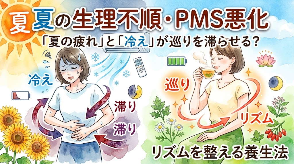 「夏の生理不順・PMS悪化」をテーマに、左右で不調の状態と改善の状態を対比させている。 上部タイトル: 「夏の生理不順・PMS悪化」 サブタイトル: 「夏の疲れ」と「冷え」が巡りを滞らせる? 左側(不調): 「冷え」と書かれたエアコン、雪の結晶、リモコンの下で、汗をかき辛そうにお腹を押さえる女性。お腹の周りには「滞り」と書かれた赤黒い矢印が回っている。電池残量少、割れた月、太陽、向日葵のアイコンが描かれている。 右側(改善): 下部タイトル「リズムを整える養生法」の上に、ハーブ茶を飲み、穏やかな表情の女性。女性の周りには「巡り」と「リズム」と書かれた明るい赤の矢印が回っている。電池残量満タン、満月、蓮の花、明るい青空、ヨモギやクコの実などの様々な薬草が描かれている。