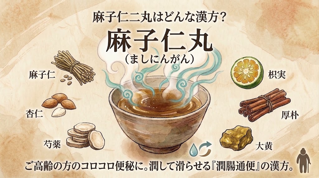 水彩画風のタッチで描かれた「麻子仁丸」の解説用サムネイル画像。古い紙のような背景の中央に、湯気が立つ漢方薬が入った器が描かれている。上部には「【薬剤師監修】麻子仁丸はどんな漢方？」、下部には「ご高齢の方のコロコロ便秘と『潤して滑らせる』考え方」というテキストが配置され、周囲には構成生薬や便秘に関連するイラストが添えられている。