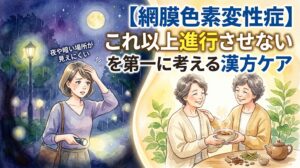 【網膜色素変性症】夜や暗い場所が見えにくい。「これ以上進行させない」を第一に考える漢方ケア。夜道で見えづらそうにする女性と、明るい部屋で漢方茶を楽しむシニア女性たちの水彩画イラスト