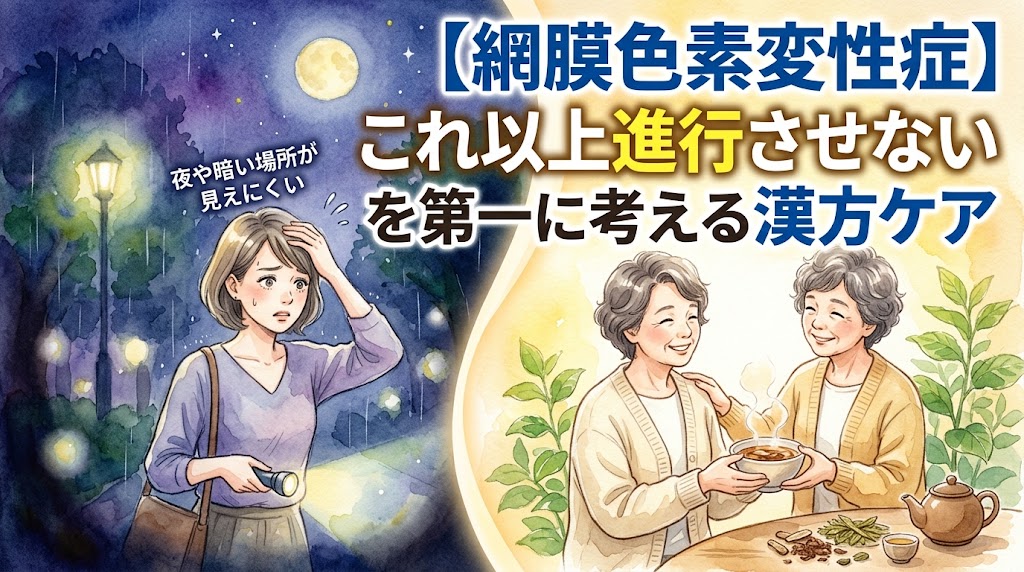 【網膜色素変性症】夜や暗い場所が見えにくい。「これ以上進行させない」を第一に考える漢方ケア。夜道で見えづらそうにする女性と、明るい部屋で漢方茶を楽しむシニア女性たちの水彩画イラスト