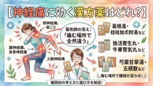 水彩画タッチのサムネイル画像。中央で白衣を着た女性薬剤師が笑顔で解説しています。左側には、首・肩、腕、腰から足(坐骨神経痛)など全身の様々な箇所に痛みの稲妻が走っている女性のイラスト。右側には「葛根湯・桂枝加朮附湯など」「独活寄生丸・牛車腎気丸など」「芍薬甘草湯・五積散など」と、症状に合わせた複数の漢方薬のパッケージが並んでいます。画像内のテキストには「【神経痛に効く漢方薬はどれ?】」「薬剤師の答え:『痛む場所で全然違う』」「痛む場所で種類が変わる!」「種類別の考え方と選び方を解説!」と書かれています。