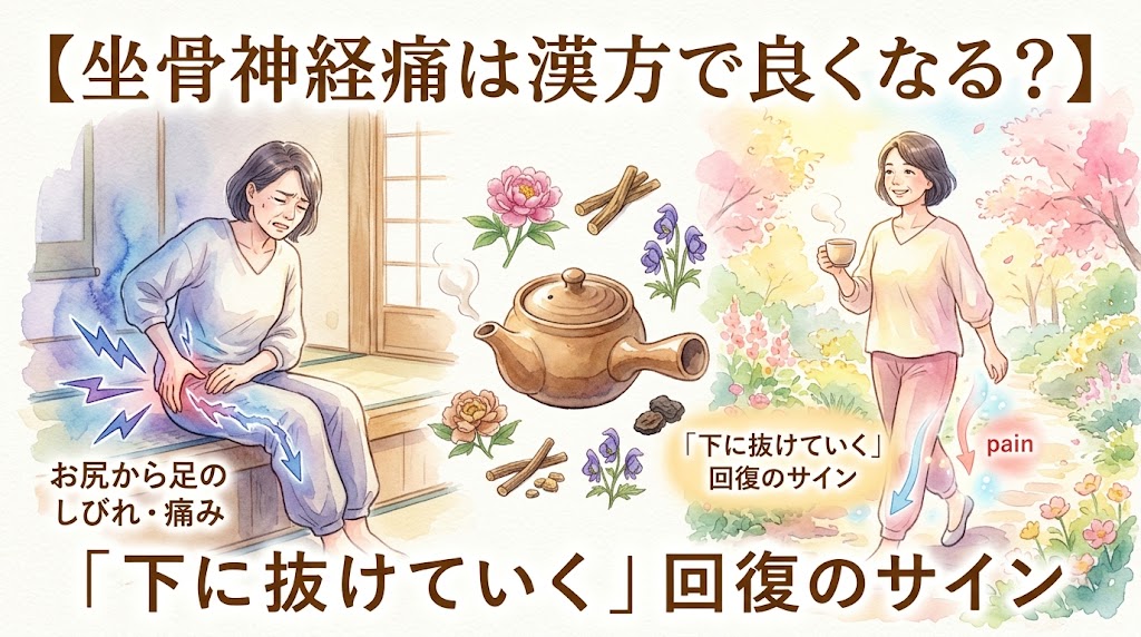 水彩画タッチのサムネイル画像。左側には縁側に座り、お尻から足先に向かって青い稲妻のようなしびれや痛みを感じて辛そうな女性が描かれています。中央には急須と生薬のイラスト。右側には、明るい花畑を笑顔で軽やかに歩く女性が描かれ、足先に向かって痛みが矢印とともに抜けていく様子が表現されています。画像内のテキストには「【坐骨神経痛は漢方で良くなる?】」「お尻から足のしびれ・痛み」「『下に抜けていく』回復のサイン」と書かれています。