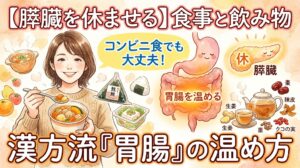 水彩画風の温かみのあるサムネイル画像。上部に「【膵臓を休ませる】食事と飲み物」、下部に「漢方流『胃腸』の温め方」という大きなタイトル文字が配置されている。左側には、温かい具だくさんスープを笑顔で食べようとしている女性のイラスト。その横には「コンビニ食でも大丈夫！」という吹き出しと共に、おにぎりやサラダなどのコンビニ食品が描かれている。右側には、リラックスして微笑む膵臓と、中心が温かく光る胃腸のキャラクター、そして右下には急須や温かいお茶、生姜、なつめ、陳皮、クコの実といった漢方食材が描かれており、全体的に胃腸に優しく温かい雰囲気が表現されている。