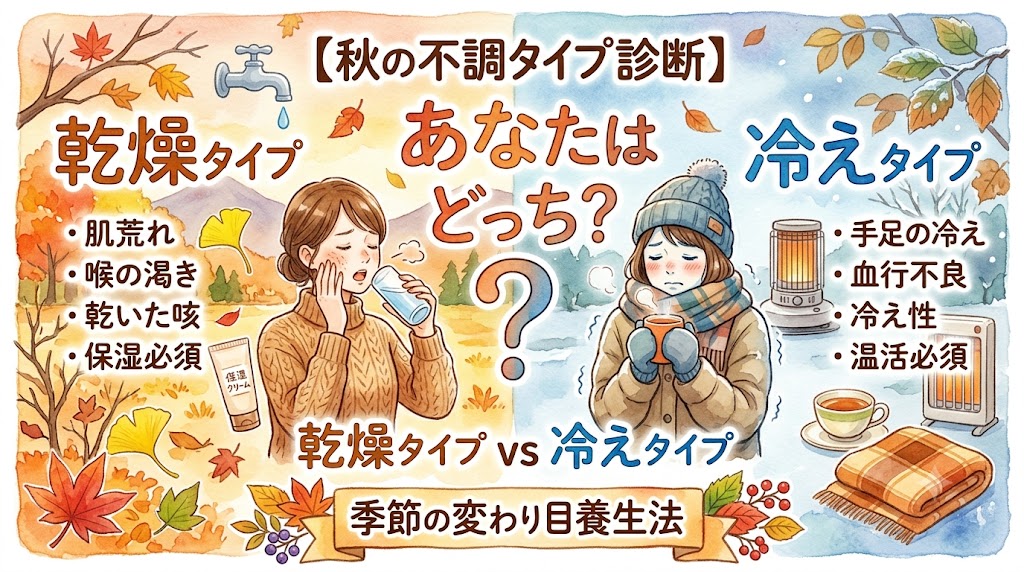秋の不調を「乾燥タイプ」と「冷えタイプ」に分けて診断する、水彩画タッチの動画サムネイル画像。「あなたはどっち？」という問いかけとともに、左右でそれぞれの症状（肌荒れ・手足の冷えなど）に悩む女性のイラストが描かれています。