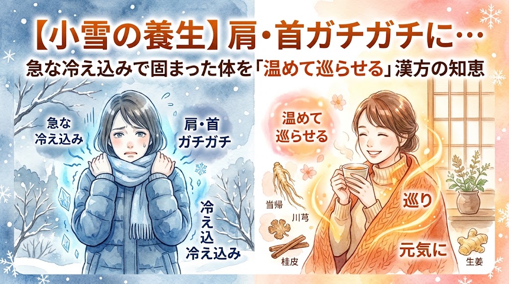 「【小雪の養生】肩・首ガチガチに…固まった体を『温めて巡らせる』漢方の知恵」をテーマにした水彩画風のサムネイル画像。左側の寒々しい青とグレーのパネルでは、雪が降り、霜が降りた枯れ木の元で、分厚い冬コートを着てマフラーを巻いた日本人女性が、固まった肩と首を抑えて辛そうな表情をしている。青いエネルギーと氷の結晶が彼女を囲み、「急な冷え込み」「肩・首ガチガチ」「冷え込み」のラベルがある。右側の暖かなオレンジとピンクのパネルでは、同じ女性が幸せそうに微笑み、リラックスしている。オレンジのニット毛布を羽織り、湯気の立つ温かい漢方茶を飲んでいる。暖かで輝く黄金のエネルギーと穏やかな巡りの流れが、特に首や肩から立ち上がっている。「当帰」「桂皮」「生姜」「川芎」といった温める生薬がデリケートに描かれ、ラベルが添えられている。ラベルには「温めて巡らせる」「漢方の知恵」「巡り」「元気に」とある。大きな暖色の見出しが上部に「【小雪の養生】肩・首ガチガチに…」とあり、その下に小さく「急な冷え込みで固まった体を『温めて巡らせる』漢方の知恵」とある。