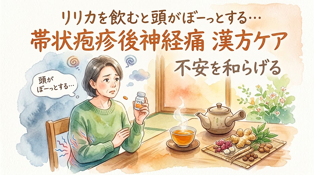 「リリカを飲むと頭がぼーっとする…」「帯状疱疹後神経痛 漢方ケア」のテキストが上部にある、水彩画風のイラスト。中央に座る心配そうな表情の中年女性が「リリカ」の薬瓶と錠剤を持っており、彼女の体の左側には神経痛の痛みと不快感を表現する赤と青の波線や渦巻き模様がある。吹き出しには「頭がぼーっとする…」とある。手前のテーブルには湯気の立つ漢方茶と、竹マットの上に生姜、クコの実、木の根など様々な漢方生薬が並べられ、右側には「不安を和らげる」のテキストがある。