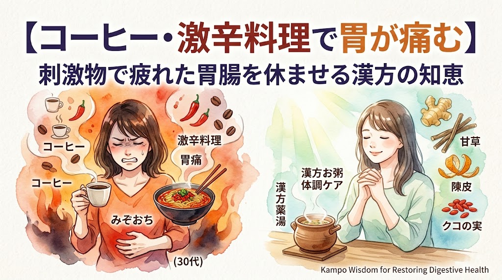 「水彩画風の健康情報サムネイル。上部には『【コーヒー・激辛料理で胃が痛む】刺激物で疲れた胃腸を休ませる漢方の知恵』という大きなテキストが配置されている。画像は左右の対比になっており、左側は赤い炎のような背景で、コーヒーを持ちながら激辛料理による胃痛（みぞおちの痛み）に顔をしかめる女性が描かれている。右側は穏やかな光が差し込む背景で、温かい漢方薬湯（または漢方のお粥）を前に、ホッとした表情で両手を合わせる女性が描かれている。右側には甘草、陳皮、クコの実といった漢方生薬のイラストも添えられている。」