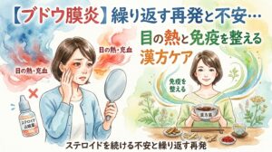 【ブドウ膜炎】ステロイド点眼を続ける不安と繰り返す再発。目の熱と充血をとり、免疫を整える漢方ケア。目の充血に悩む女性と、漢方茶を飲んで穏やかに過ごす女性の水彩画イラスト。