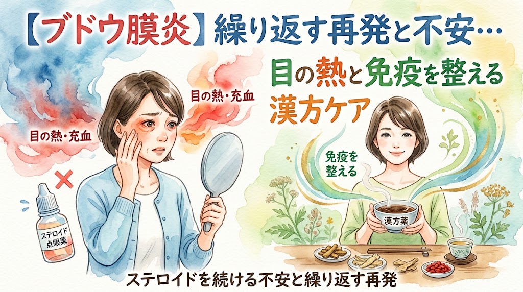 【ブドウ膜炎】ステロイド点眼を続ける不安と繰り返す再発。目の熱と充血をとり、免疫を整える漢方ケア。目の充血に悩む女性と、漢方茶を飲んで穏やかに過ごす女性の水彩画イラスト。