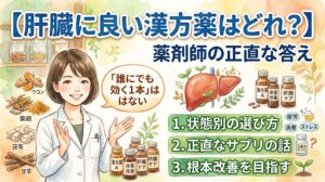 【肝臓に良い漢方薬はどれ?】の選び方を解説する水彩画風のサムネイル画像。中央には笑顔の女性薬剤師が立ち、「『誰にでも効く1本』はない」という正直な答えを伝える吹き出しが添えられています。 左側には、ウコン、柴胡、茯苓、甘草の4種類の乾燥生薬のイラストが名前と共に配置されています。 右側には、健康な肝臓のイラスト、薬瓶(ラベルには「漢方薬A」「体質改善」「肝臓ケア」)、そして以下の3つのポイントが箇条書きで示されています。 状態別の選び方(横に疲労、ビール(消費)、ストレスのアイコン) 正直なサプリの話(「正直なサプリ」と書かれた瓶と「?」マーク) 根本改善を目指す(横に若葉のアイコン) 画像上部には「【肝臓に良い漢方薬はどれ?】 薬剤師の正直な答え」というタイトルが大きく書かれています。