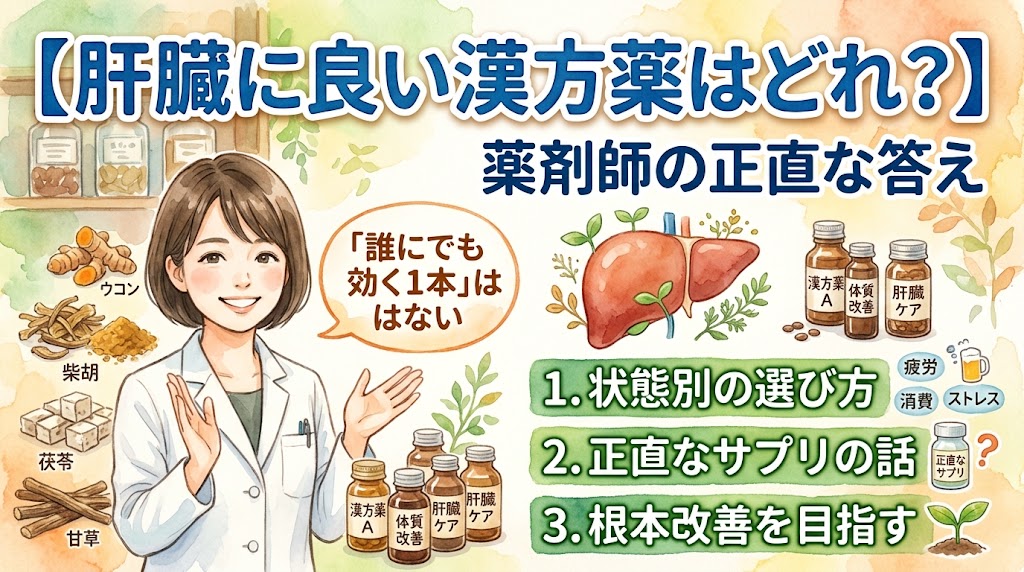 【肝臓に良い漢方薬はどれ?】の選び方を解説する水彩画風のサムネイル画像。中央には笑顔の女性薬剤師が立ち、「『誰にでも効く1本』はない」という正直な答えを伝える吹き出しが添えられています。 左側には、ウコン、柴胡、茯苓、甘草の4種類の乾燥生薬のイラストが名前と共に配置されています。 右側には、健康な肝臓のイラスト、薬瓶(ラベルには「漢方薬A」「体質改善」「肝臓ケア」)、そして以下の3つのポイントが箇条書きで示されています。 状態別の選び方(横に疲労、ビール(消費)、ストレスのアイコン) 正直なサプリの話(「正直なサプリ」と書かれた瓶と「?」マーク) 根本改善を目指す(横に若葉のアイコン) 画像上部には「【肝臓に良い漢方薬はどれ?】 薬剤師の正直な答え」というタイトルが大きく書かれています。