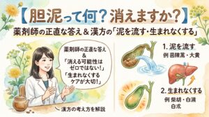 水彩画風のイラストで構成された、胆泥(たんどろ)に関する解説画像。 上部にはタイトル『【胆泥って何?消えますか?】薬剤師の正直な答え & 漢方の「泥を流す・生まれなくする」』とある。 左側には、机に座った女性薬剤師のイラストと吹き出しがあり、『薬剤師の正直な答え & 「消える可能性はゼロではない!」「生まれなくするケアが大切!」』と回答している。下部には『~ 漢方の考え方を解説』とある。 右側は漢方のアプローチを2点解説している。 『1. 泥を流す』では、胆のう断面図から胆泥(茶色い泥)を水流で洗い流すイラストと、例として『菌陳蒿・大黄』の文字がある。 『2. 生まれなくする』では、健康そうな肝臓と胆のうのイラストと、例として『柴胡・白朮』『白朮』の文字があり、下部には健康な胆のうが光るイラストがある。 全体は柔らかい色彩で描かれている。