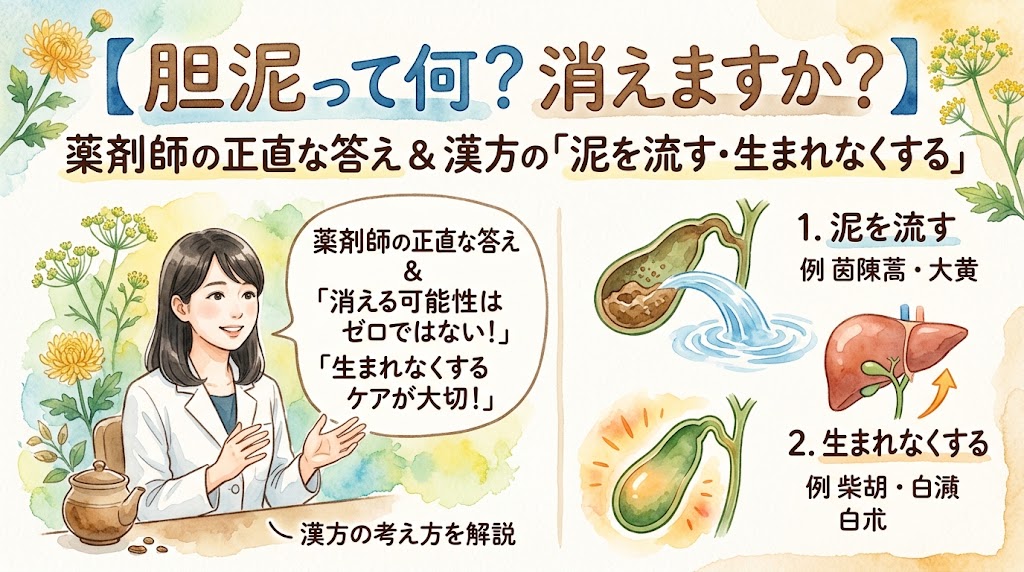 水彩画風のイラストで構成された、胆泥(たんどろ)に関する解説画像。 上部にはタイトル『【胆泥って何?消えますか?】薬剤師の正直な答え & 漢方の「泥を流す・生まれなくする」』とある。 左側には、机に座った女性薬剤師のイラストと吹き出しがあり、『薬剤師の正直な答え & 「消える可能性はゼロではない!」「生まれなくするケアが大切!」』と回答している。下部には『~ 漢方の考え方を解説』とある。 右側は漢方のアプローチを2点解説している。 『1. 泥を流す』では、胆のう断面図から胆泥(茶色い泥)を水流で洗い流すイラストと、例として『菌陳蒿・大黄』の文字がある。 『2. 生まれなくする』では、健康そうな肝臓と胆のうのイラストと、例として『柴胡・白朮』『白朮』の文字があり、下部には健康な胆のうが光るイラストがある。 全体は柔らかい色彩で描かれている。