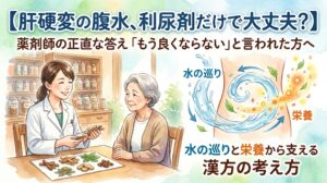 【肝硬変の腹水、利尿剤だけで大丈夫？】薬剤師の正直な答え「もう良くならない」と言われた方へ、水の巡りと栄養から支える漢方の考え方。漢方薬局で相談する高齢女性と薬剤師、体内の水の巡りを示す水彩画イラスト。