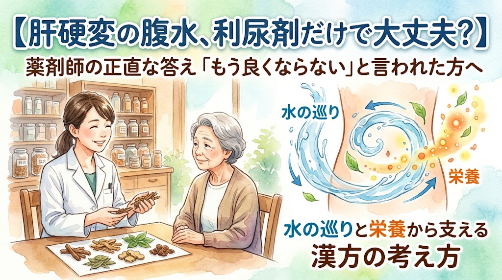 【肝硬変の腹水、利尿剤だけで大丈夫?】薬剤師の正直な答え「もう良くならない」と言われた方へ、水の巡りと栄養から支える漢方の考え方。漢方薬局で相談する高齢女性と薬剤師、体内の水の巡りを示す水彩画イラスト。