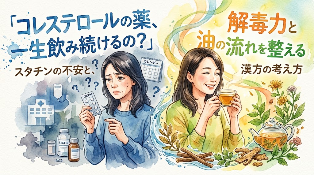 水彩画調のサムネイル画像。画面を左右に二分割した対比構造になっています。左半分は青みがかった背景で、不安そうな表情でスタチン（コレステロール薬）のシートを見つめる女性と、病院やカレンダーのイラストが描かれ、「『コレステロールの薬、一生飲み続けるの？』スタチンの不安と、」というテキストが添えられています。右半分は明るい黄色と緑の背景で、笑顔で漢方茶を飲む女性と、生薬やティーポットのイラストが描かれ、「解毒力と油の流れを整える 漢方の考え方」と書かれています。