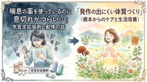 水彩画調のサムネイル画像。左側は暗い雲の背景で、胸を押さえて苦しそうにする女性、複数の喘息用吸入器、「ドキドキ」という動悸を表す文字が描かれ、「『喘息の薬を使っているのに息切れがつらい…』気管支拡張剤と動悸の話」と書かれています。中央の矢印を挟んで右側は、太陽が昇る自然の風景の中、笑顔で両手を広げて深呼吸をする女性と光る肺のイラスト、周囲には植物や生薬が描かれています。テキストは「『発作の出にくい体質づくり』（根本からのケアと生活改善）」です。
