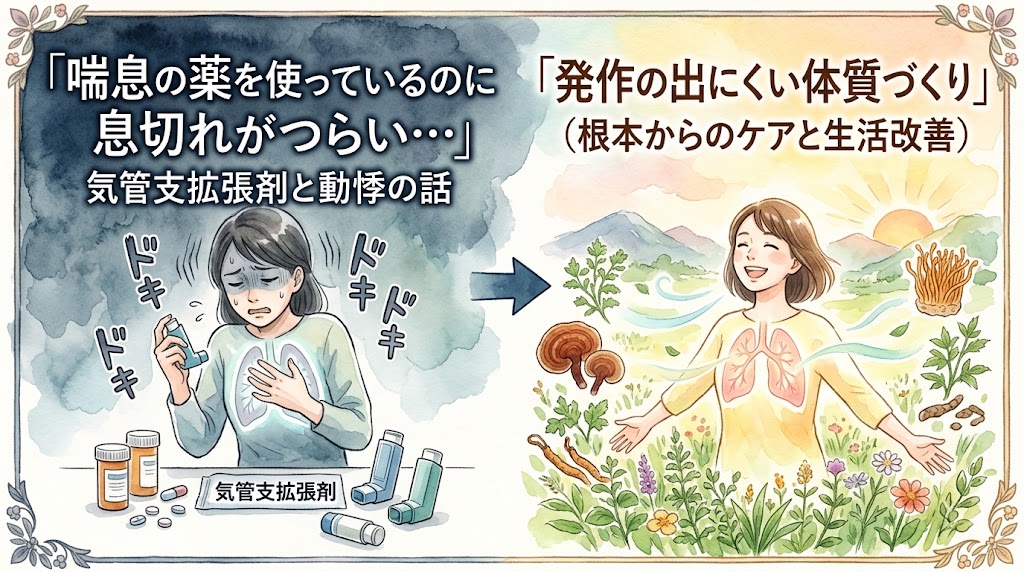 水彩画調のサムネイル画像。左側は暗い雲の背景で、胸を押さえて苦しそうにする女性、複数の喘息用吸入器、「ドキドキ」という動悸を表す文字が描かれ、「『喘息の薬を使っているのに息切れがつらい…』気管支拡張剤と動悸の話」と書かれています。中央の矢印を挟んで右側は、太陽が昇る自然の風景の中、笑顔で両手を広げて深呼吸をする女性と光る肺のイラスト、周囲には植物や生薬が描かれています。テキストは「『発作の出にくい体質づくり』（根本からのケアと生活改善）」です。