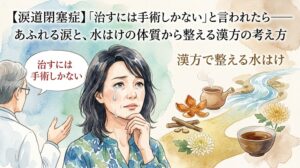 【涙道閉塞症】『治すには手術しかない』と言われたら——あふれる涙と、水はけの体質から整える漢方の考え方」というテキストが書かれた水彩画風のサムネイル画像。左側には医師から「治すには手術しかない」と言われ涙を流して悩む女性、右側には急須や生薬、清らかな水の流れが描かれ、漢方による「水はけ」の体質改善アプローチが表現されています。