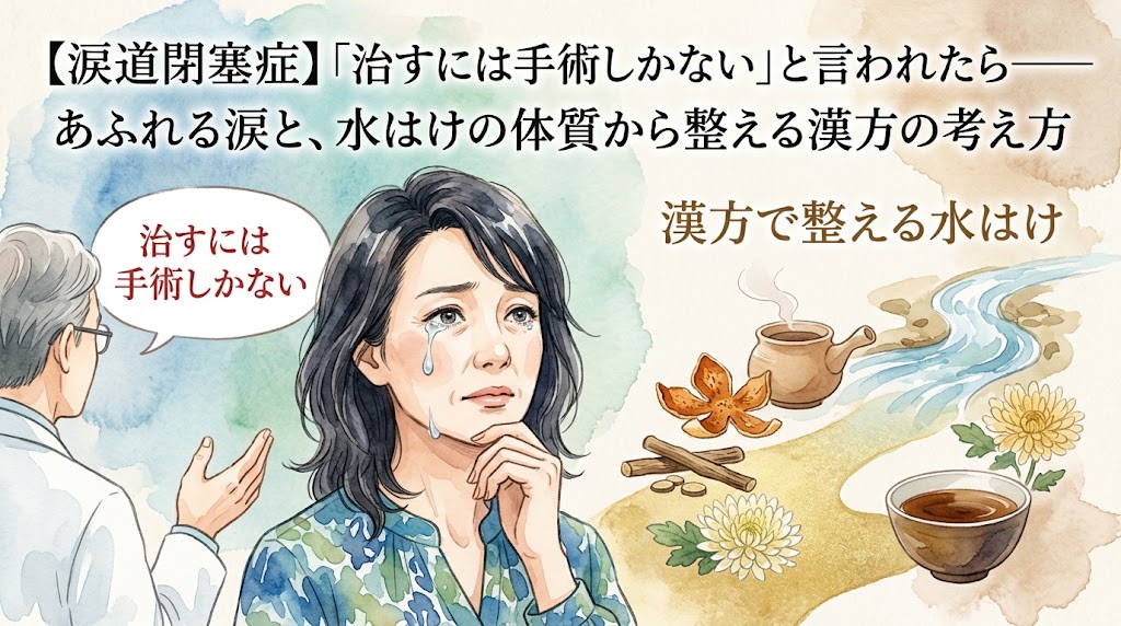 【涙道閉塞症】『治すには手術しかない』と言われたら——あふれる涙と、水はけの体質から整える漢方の考え方」というテキストが書かれた水彩画風のサムネイル画像。左側には医師から「治すには手術しかない」と言われ涙を流して悩む女性、右側には急須や生薬、清らかな水の流れが描かれ、漢方による「水はけ」の体質改善アプローチが表現されています。